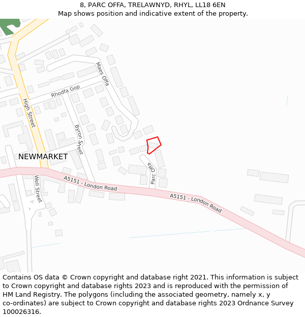 8, PARC OFFA, TRELAWNYD, RHYL, LL18 6EN: Location map and indicative extent of plot