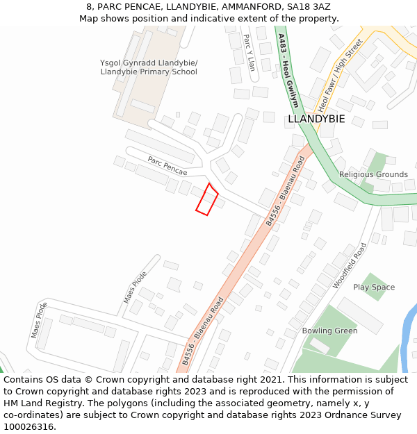 8, PARC PENCAE, LLANDYBIE, AMMANFORD, SA18 3AZ: Location map and indicative extent of plot