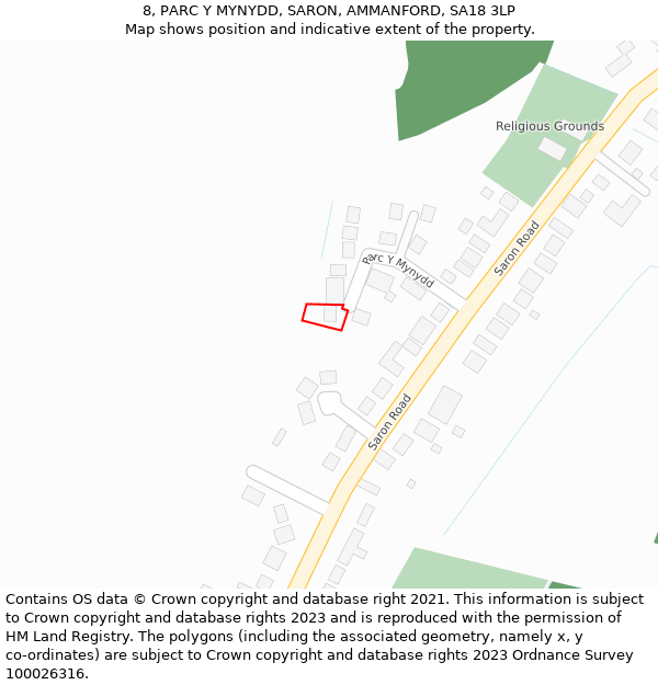 8, PARC Y MYNYDD, SARON, AMMANFORD, SA18 3LP: Location map and indicative extent of plot