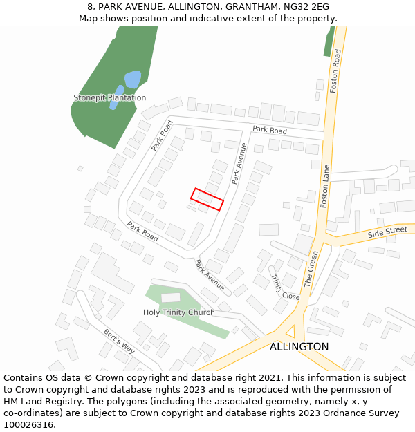 8, PARK AVENUE, ALLINGTON, GRANTHAM, NG32 2EG: Location map and indicative extent of plot