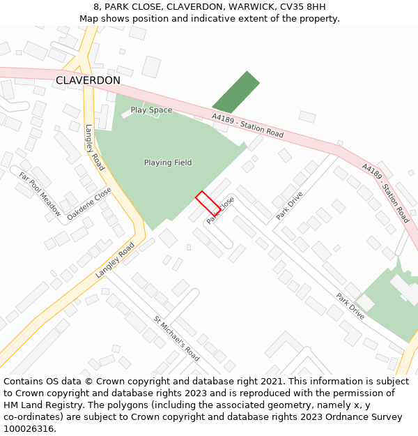 8, PARK CLOSE, CLAVERDON, WARWICK, CV35 8HH: Location map and indicative extent of plot