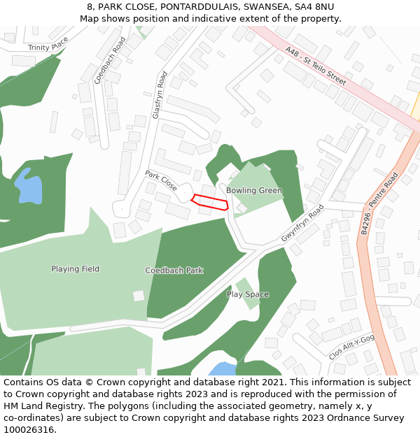 8, PARK CLOSE, PONTARDDULAIS, SWANSEA, SA4 8NU: Location map and indicative extent of plot