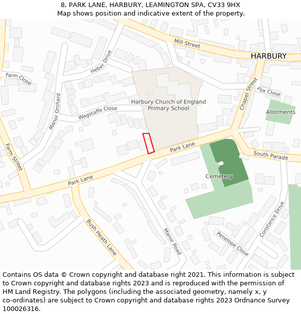 8, PARK LANE, HARBURY, LEAMINGTON SPA, CV33 9HX: Location map and indicative extent of plot