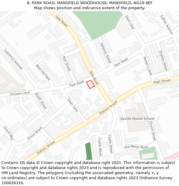 8, PARK ROAD, MANSFIELD WOODHOUSE, MANSFIELD, NG19 8EF: Location map and indicative extent of plot