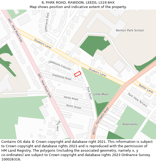 8, PARK ROAD, RAWDON, LEEDS, LS19 6HX: Location map and indicative extent of plot