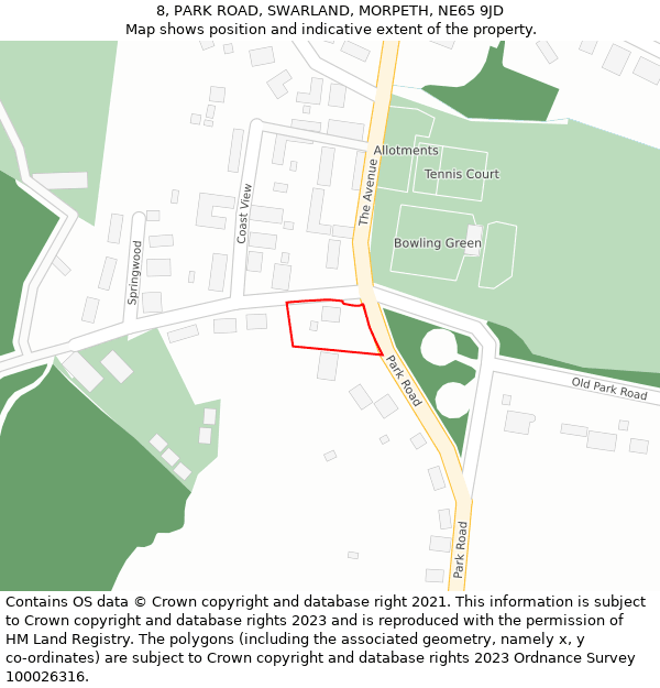 8, PARK ROAD, SWARLAND, MORPETH, NE65 9JD: Location map and indicative extent of plot