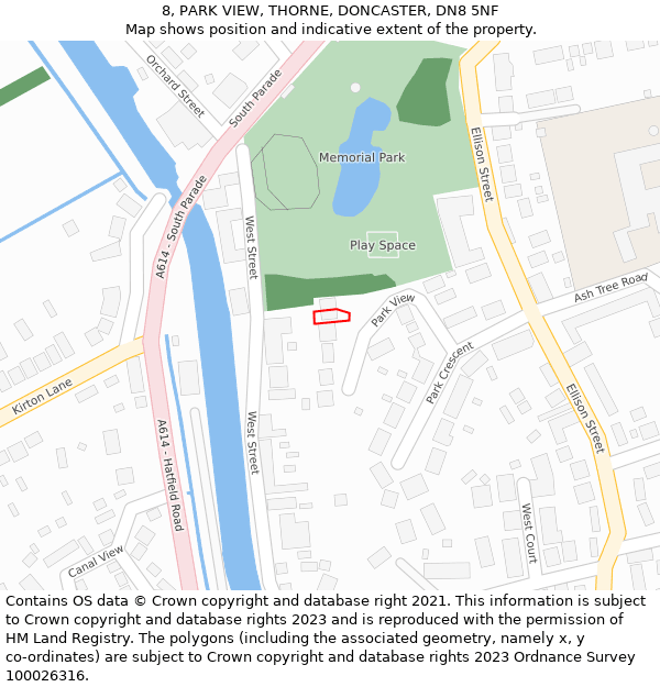 8, PARK VIEW, THORNE, DONCASTER, DN8 5NF: Location map and indicative extent of plot