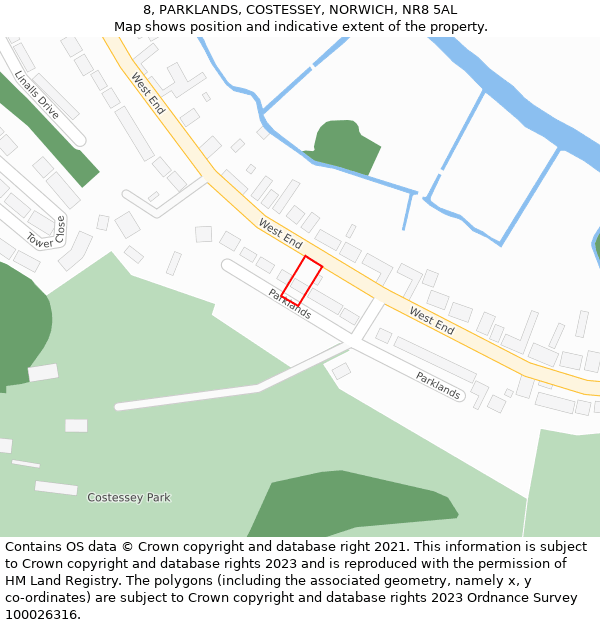 8, PARKLANDS, COSTESSEY, NORWICH, NR8 5AL: Location map and indicative extent of plot