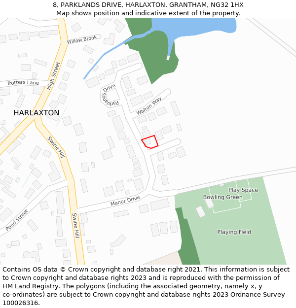 8, PARKLANDS DRIVE, HARLAXTON, GRANTHAM, NG32 1HX: Location map and indicative extent of plot