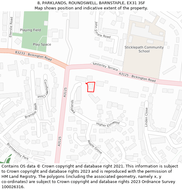 8, PARKLANDS, ROUNDSWELL, BARNSTAPLE, EX31 3SF: Location map and indicative extent of plot