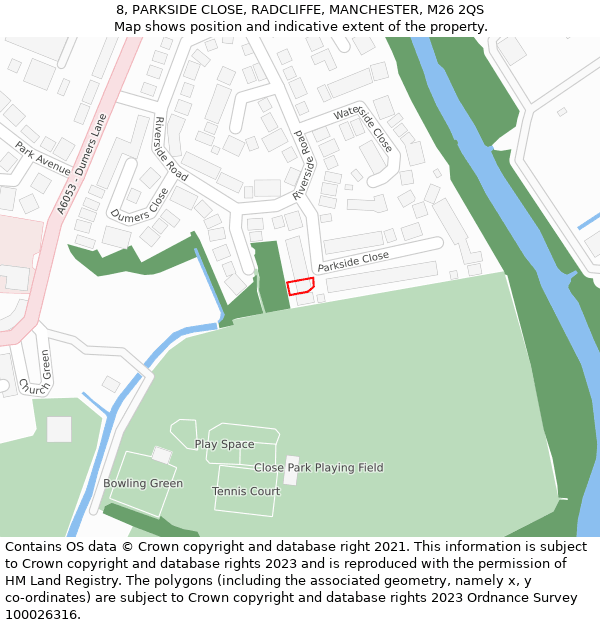 8, PARKSIDE CLOSE, RADCLIFFE, MANCHESTER, M26 2QS: Location map and indicative extent of plot