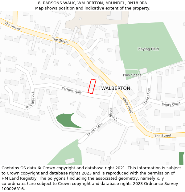 8, PARSONS WALK, WALBERTON, ARUNDEL, BN18 0PA: Location map and indicative extent of plot