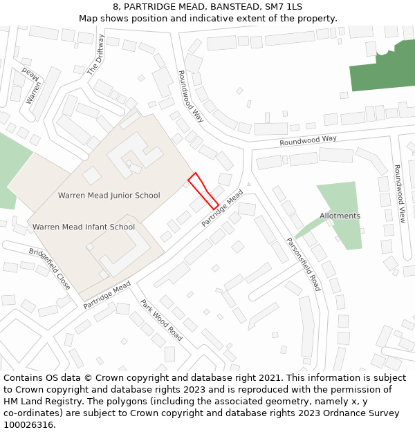 8, PARTRIDGE MEAD, BANSTEAD, SM7 1LS: Location map and indicative extent of plot