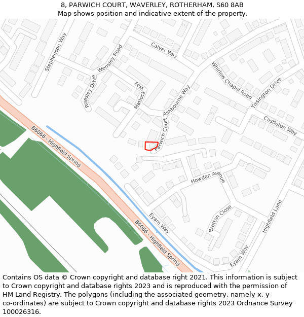 8, PARWICH COURT, WAVERLEY, ROTHERHAM, S60 8AB: Location map and indicative extent of plot