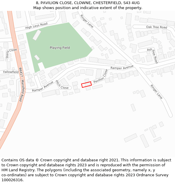 8, PAVILION CLOSE, CLOWNE, CHESTERFIELD, S43 4UG: Location map and indicative extent of plot