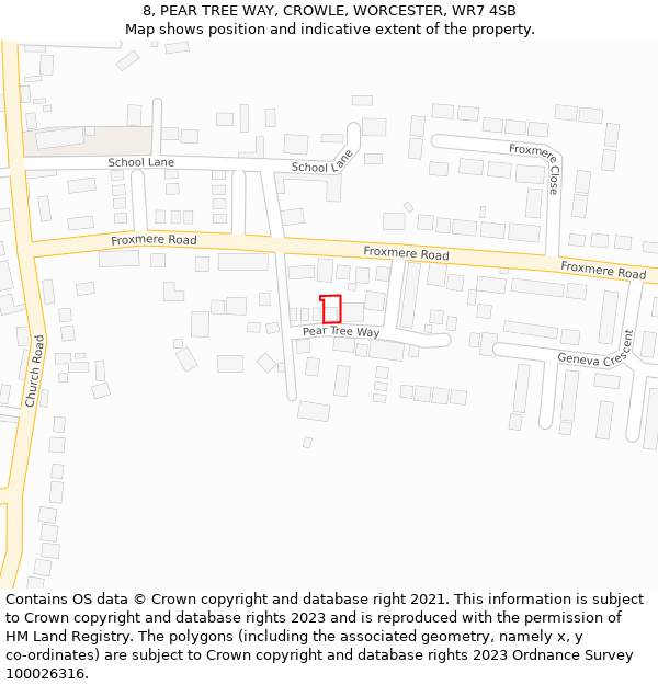 8, PEAR TREE WAY, CROWLE, WORCESTER, WR7 4SB: Location map and indicative extent of plot