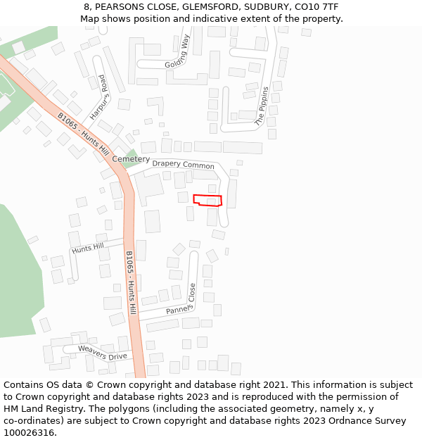 8, PEARSONS CLOSE, GLEMSFORD, SUDBURY, CO10 7TF: Location map and indicative extent of plot