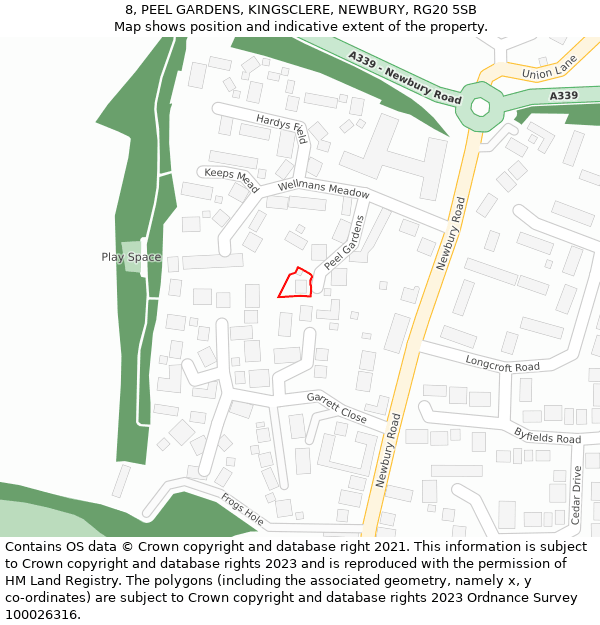 8, PEEL GARDENS, KINGSCLERE, NEWBURY, RG20 5SB: Location map and indicative extent of plot