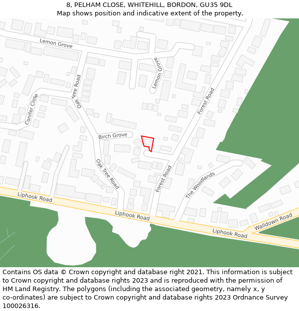 8, PELHAM CLOSE, WHITEHILL, BORDON, GU35 9DL: Location map and indicative extent of plot