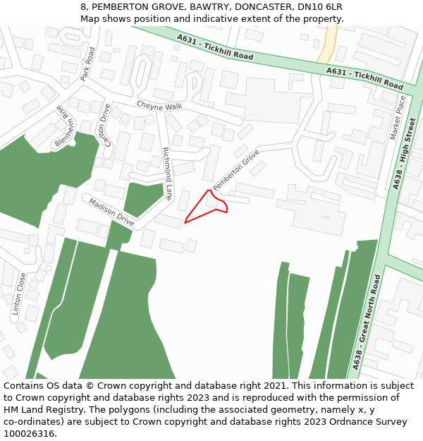 8, PEMBERTON GROVE, BAWTRY, DONCASTER, DN10 6LR: Location map and indicative extent of plot