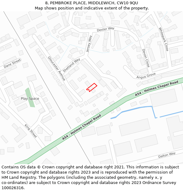 8, PEMBROKE PLACE, MIDDLEWICH, CW10 9QU: Location map and indicative extent of plot