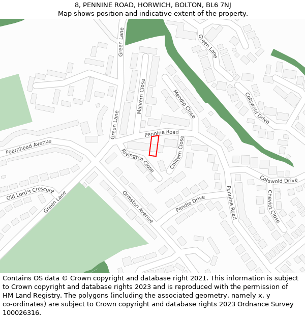 8, PENNINE ROAD, HORWICH, BOLTON, BL6 7NJ: Location map and indicative extent of plot