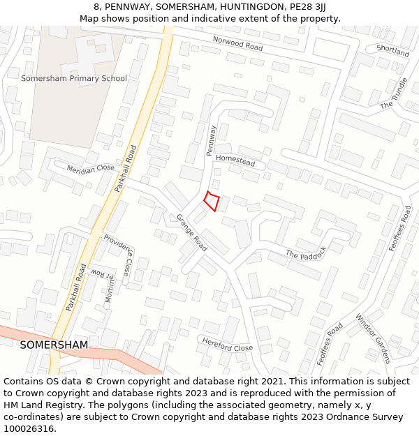 8, PENNWAY, SOMERSHAM, HUNTINGDON, PE28 3JJ: Location map and indicative extent of plot