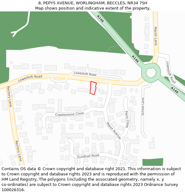 8, PEPYS AVENUE, WORLINGHAM, BECCLES, NR34 7SH: Location map and indicative extent of plot