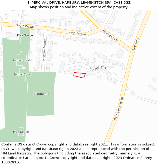 8, PERCIVAL DRIVE, HARBURY, LEAMINGTON SPA, CV33 9GZ: Location map and indicative extent of plot