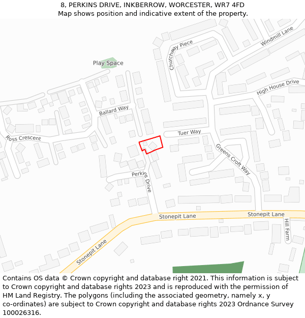 8, PERKINS DRIVE, INKBERROW, WORCESTER, WR7 4FD: Location map and indicative extent of plot