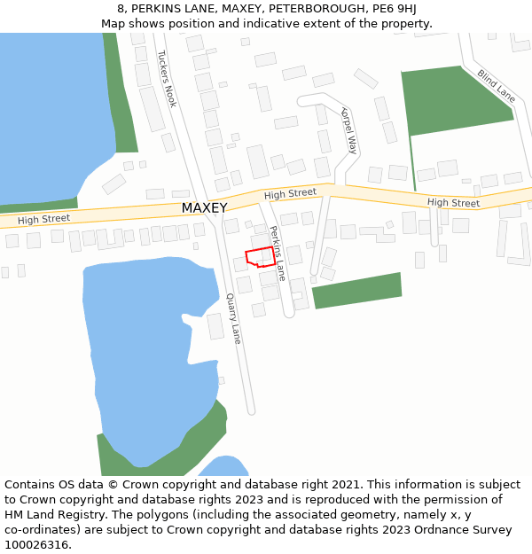 8, PERKINS LANE, MAXEY, PETERBOROUGH, PE6 9HJ: Location map and indicative extent of plot