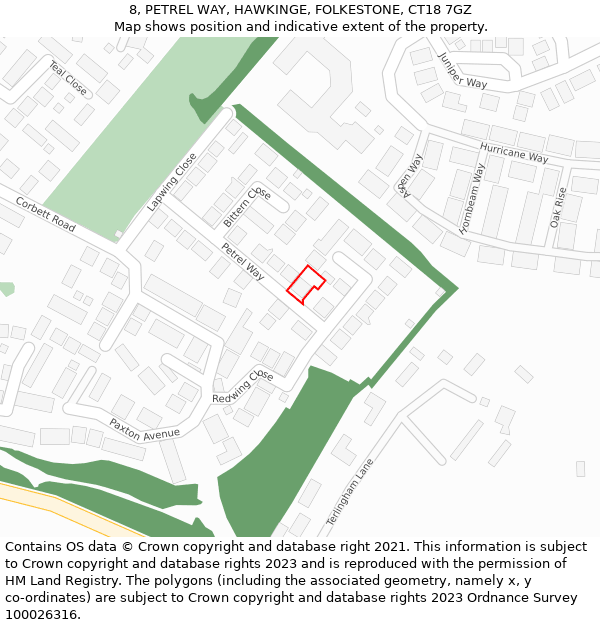 8, PETREL WAY, HAWKINGE, FOLKESTONE, CT18 7GZ: Location map and indicative extent of plot