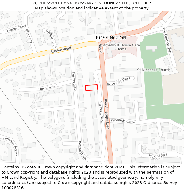 8, PHEASANT BANK, ROSSINGTON, DONCASTER, DN11 0EP: Location map and indicative extent of plot