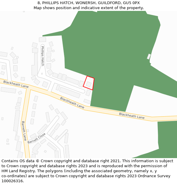 8, PHILLIPS HATCH, WONERSH, GUILDFORD, GU5 0PX: Location map and indicative extent of plot