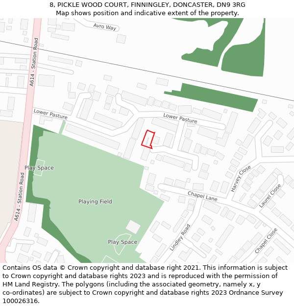 8, PICKLE WOOD COURT, FINNINGLEY, DONCASTER, DN9 3RG: Location map and indicative extent of plot