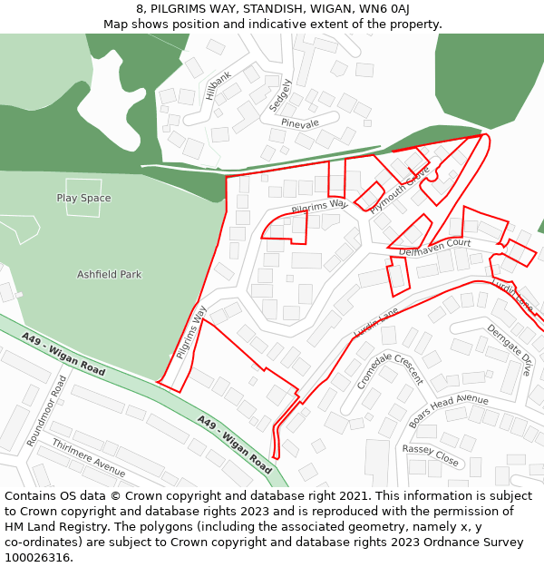 8, PILGRIMS WAY, STANDISH, WIGAN, WN6 0AJ: Location map and indicative extent of plot