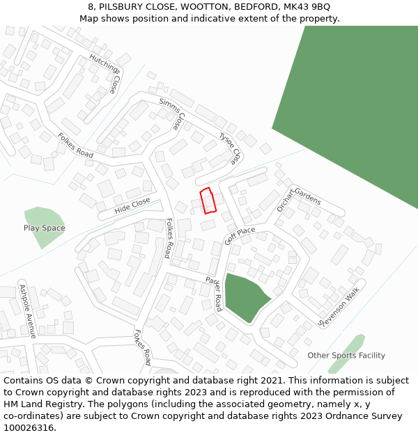 8, PILSBURY CLOSE, WOOTTON, BEDFORD, MK43 9BQ: Location map and indicative extent of plot