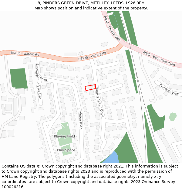 8, PINDERS GREEN DRIVE, METHLEY, LEEDS, LS26 9BA: Location map and indicative extent of plot
