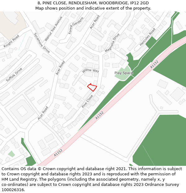 8, PINE CLOSE, RENDLESHAM, WOODBRIDGE, IP12 2GD: Location map and indicative extent of plot