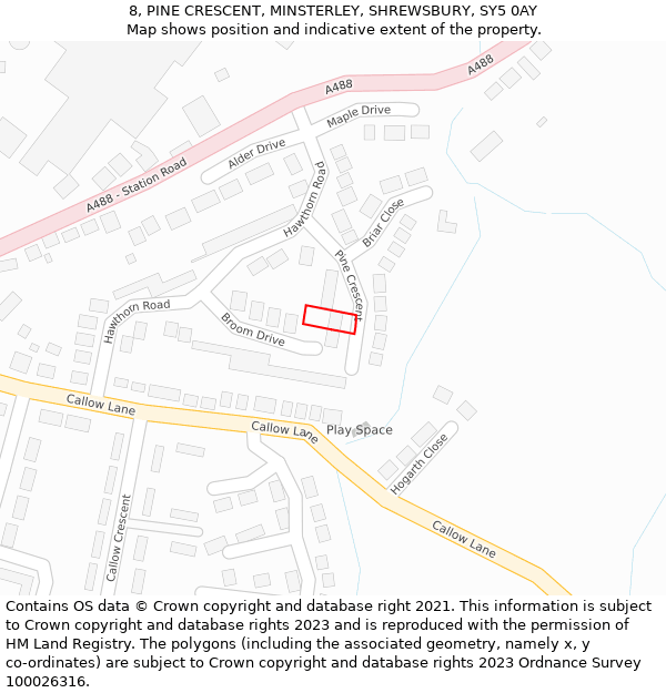 8, PINE CRESCENT, MINSTERLEY, SHREWSBURY, SY5 0AY: Location map and indicative extent of plot