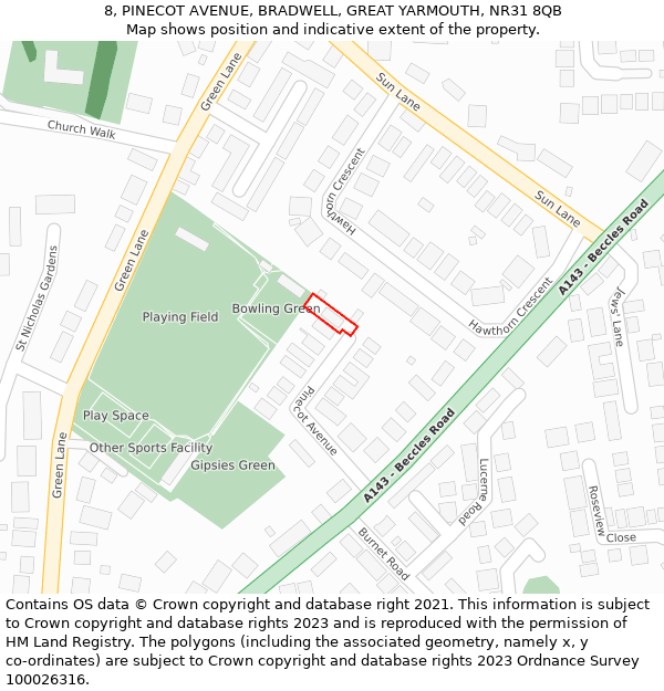 8, PINECOT AVENUE, BRADWELL, GREAT YARMOUTH, NR31 8QB: Location map and indicative extent of plot