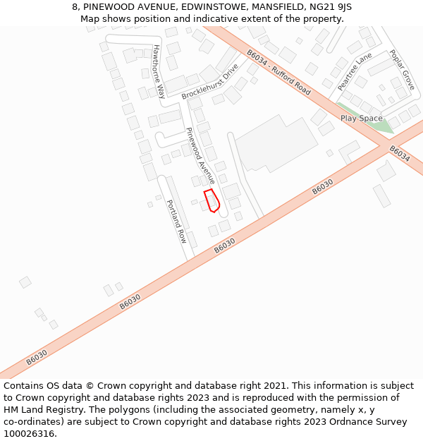 8, PINEWOOD AVENUE, EDWINSTOWE, MANSFIELD, NG21 9JS: Location map and indicative extent of plot