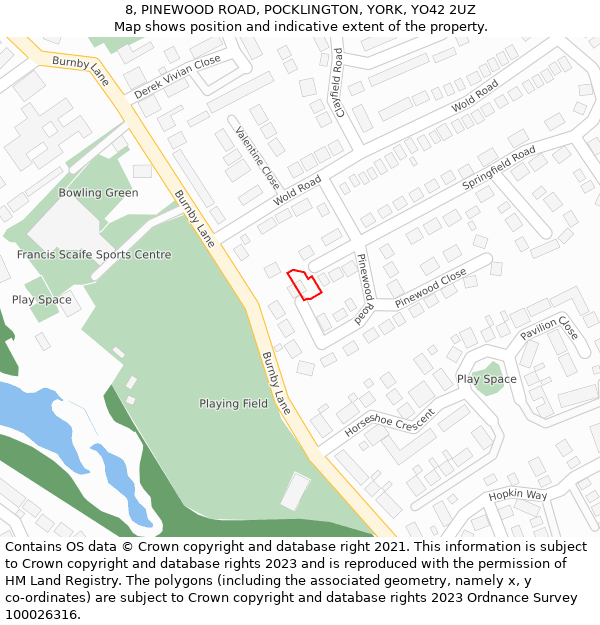 8, PINEWOOD ROAD, POCKLINGTON, YORK, YO42 2UZ: Location map and indicative extent of plot