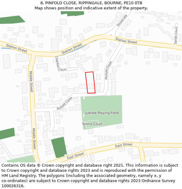 8, PINFOLD CLOSE, RIPPINGALE, BOURNE, PE10 0TB: Location map and indicative extent of plot