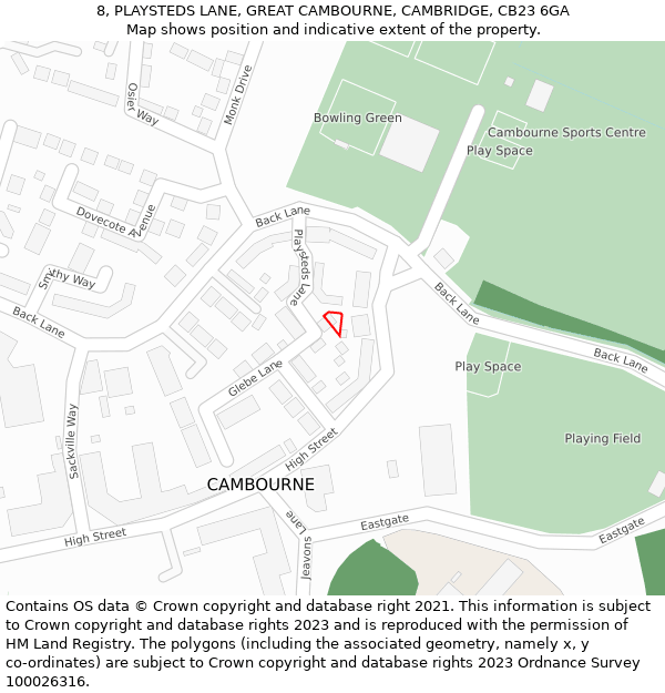 8, PLAYSTEDS LANE, GREAT CAMBOURNE, CAMBRIDGE, CB23 6GA: Location map and indicative extent of plot