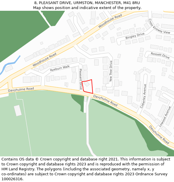 8, PLEASANT DRIVE, URMSTON, MANCHESTER, M41 8RU: Location map and indicative extent of plot