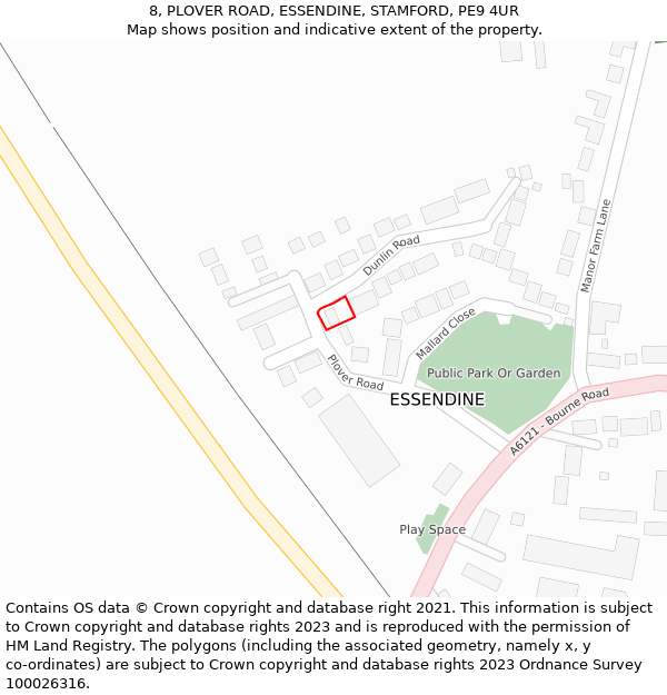 8, PLOVER ROAD, ESSENDINE, STAMFORD, PE9 4UR: Location map and indicative extent of plot