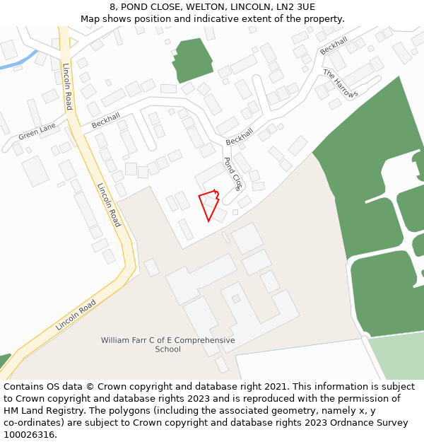 8, POND CLOSE, WELTON, LINCOLN, LN2 3UE: Location map and indicative extent of plot