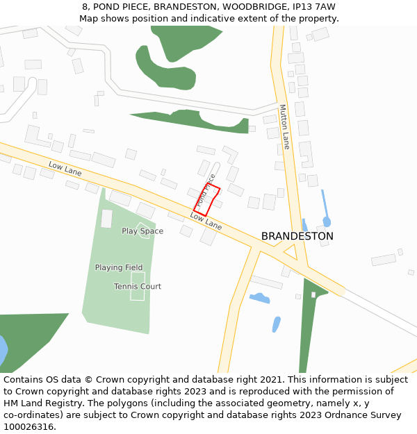 8, POND PIECE, BRANDESTON, WOODBRIDGE, IP13 7AW: Location map and indicative extent of plot