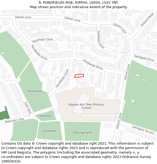 8, PONDFIELDS RISE, KIPPAX, LEEDS, LS25 7NY: Location map and indicative extent of plot